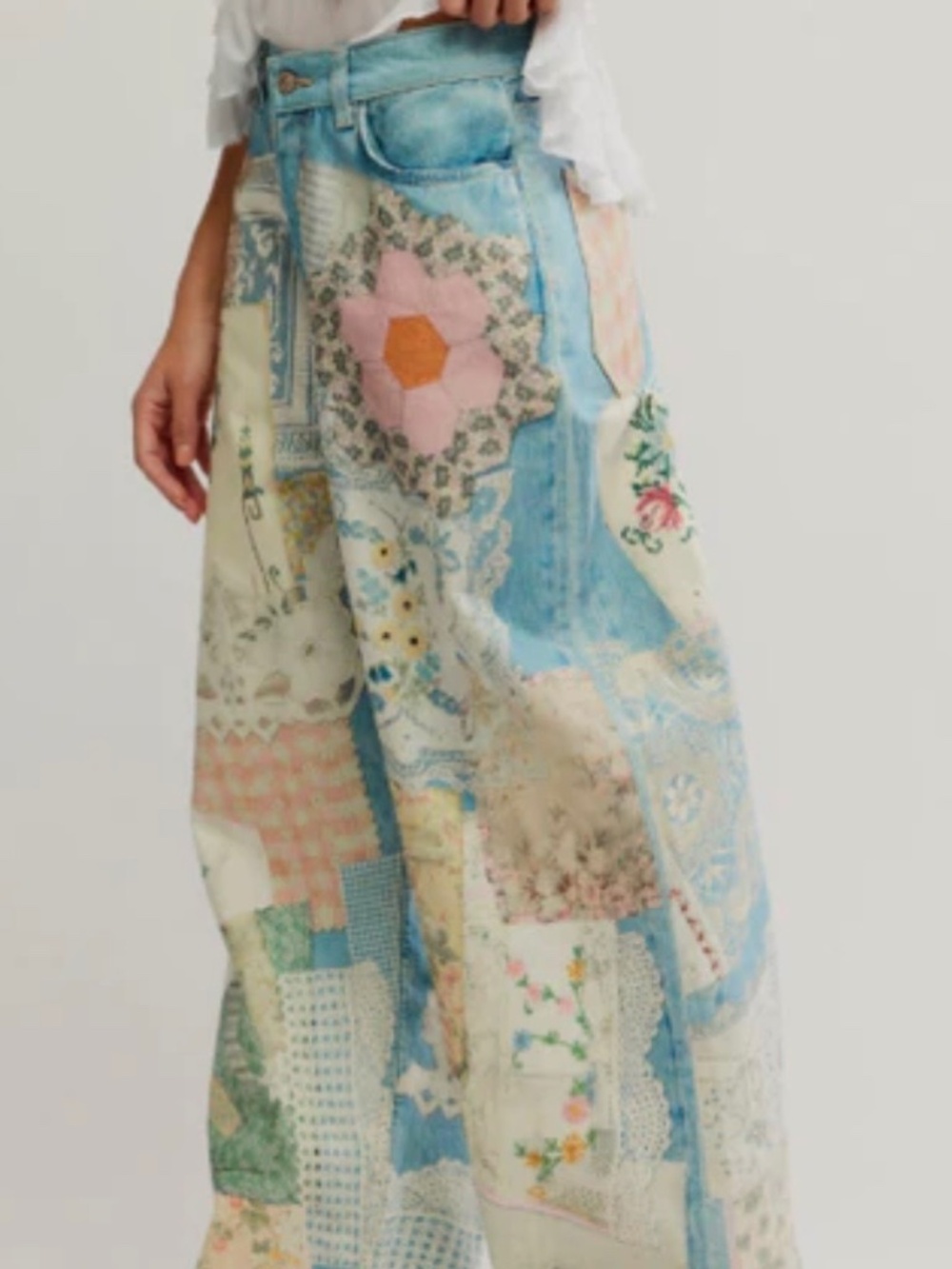 Free People Patchwork High-Rise Wide-Leg Jeans in Light Blue, Cream, Pink - Picture 4 of 10